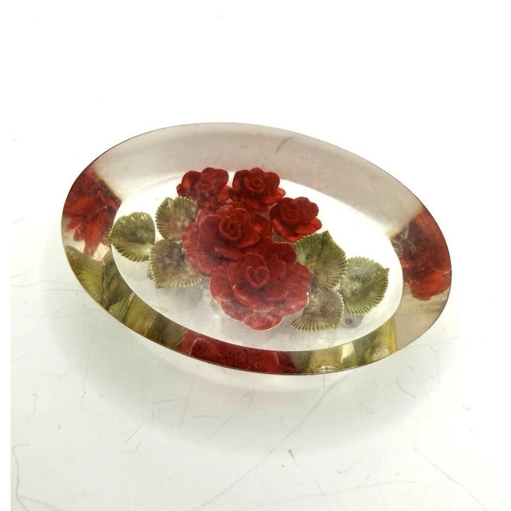Vintage Red Rose Flower Acrylic Lucite Pin Brooch Reverse Carved Oval 2.25"